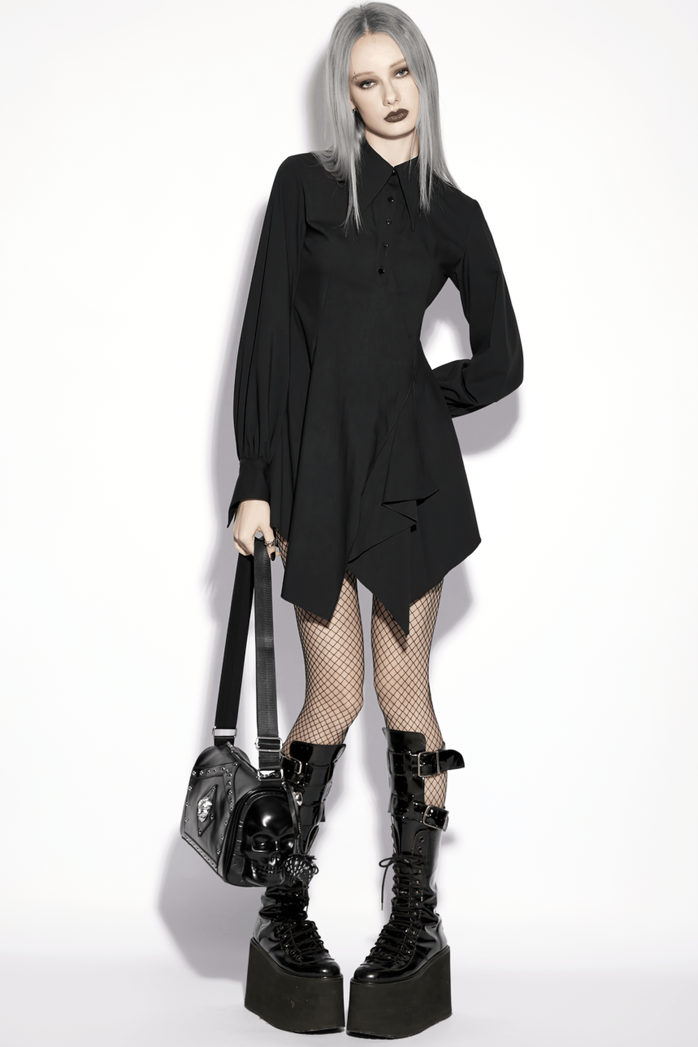 Stylish Black Gothic Asymmetrical Punk Shirt-Dress