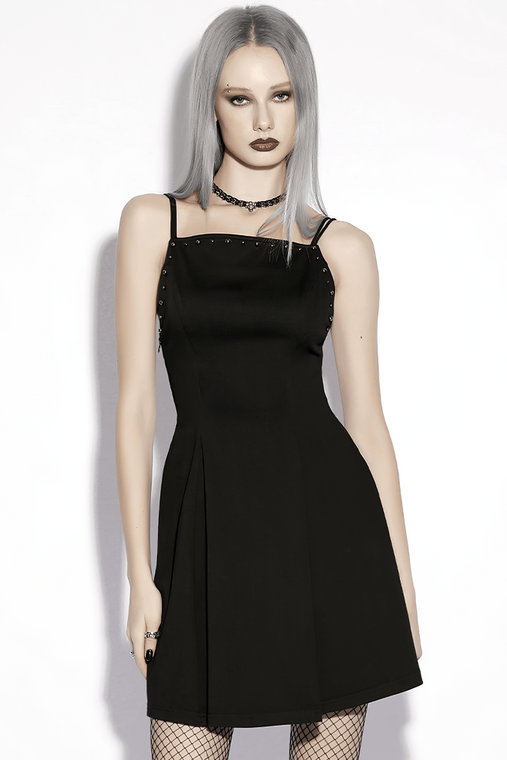 Stylish Black Gothic Studded Strappy A-Line Mini Dress