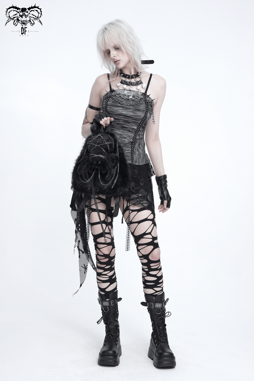 Stylish Female Skull Chain Backpack with Horn Detail