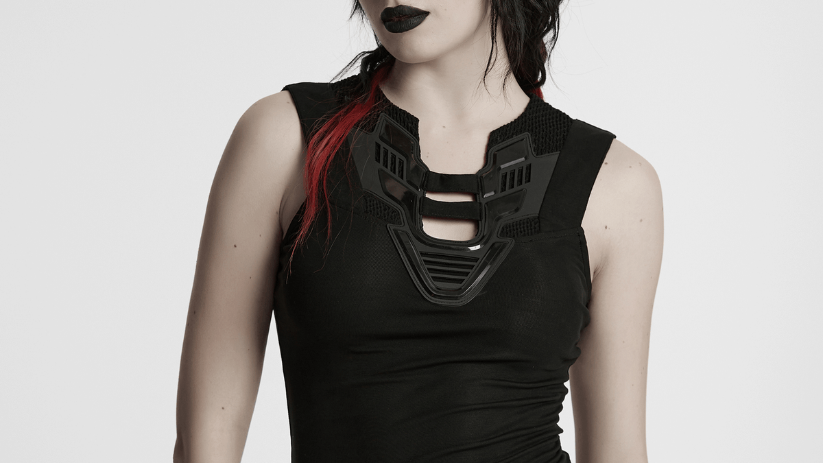 Stylish Futuristic Black Tank Top with Mesh Back