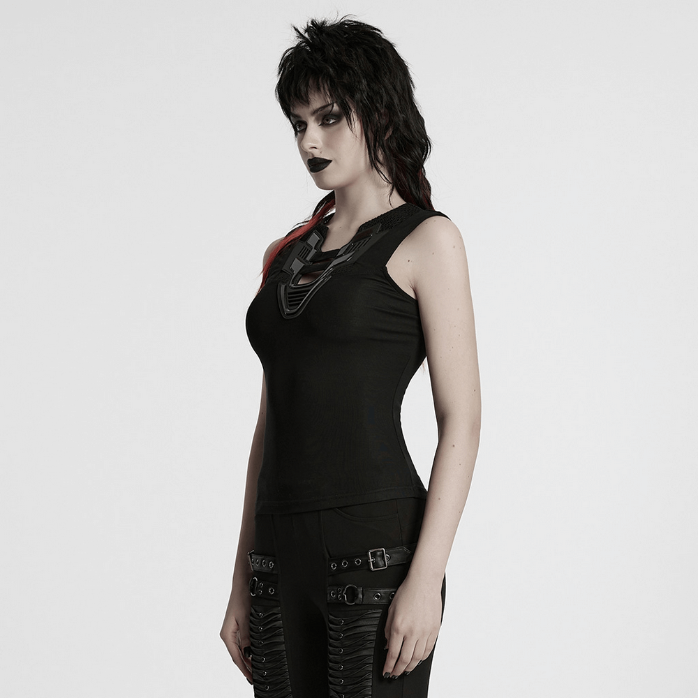 Stylish Futuristic Black Tank Top with Mesh Back