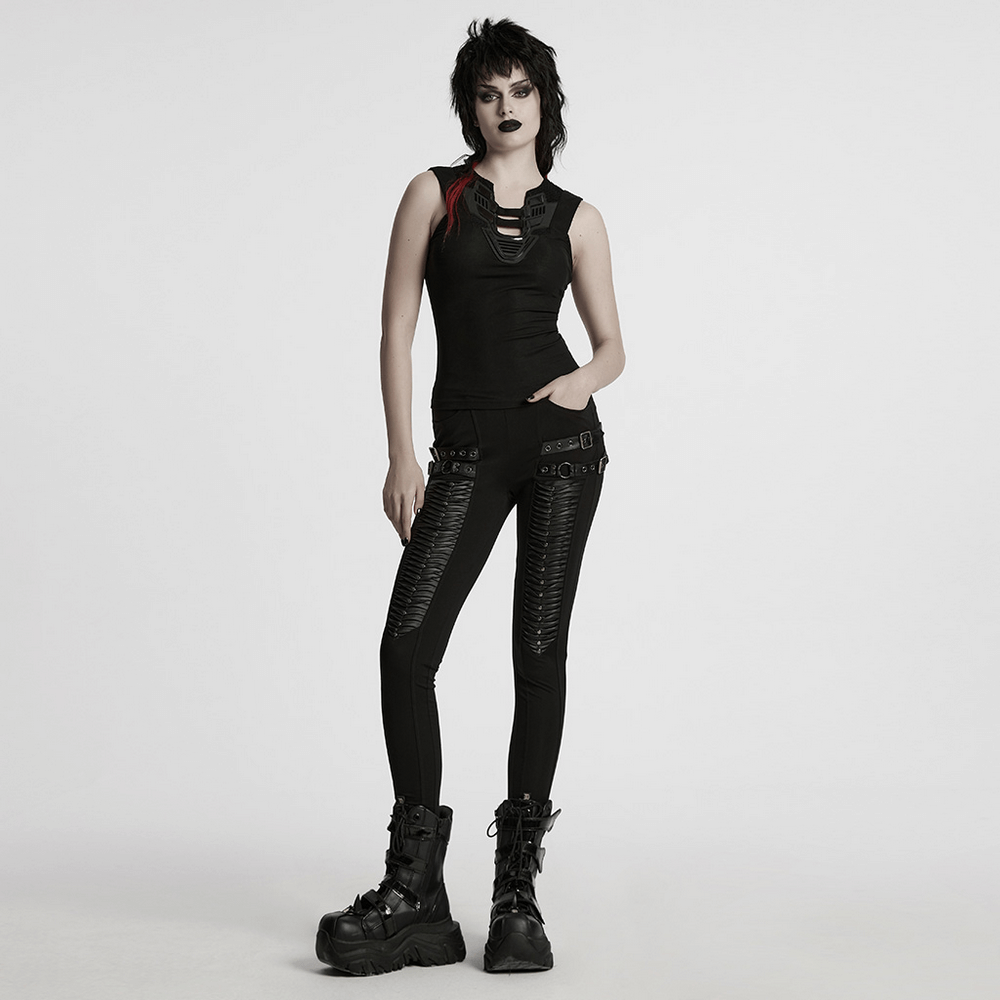 Stylish Futuristic Black Tank Top with Mesh Back
