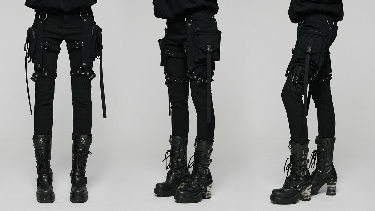 Stylish Gothic Black Twill Pants with Detachable Pockets