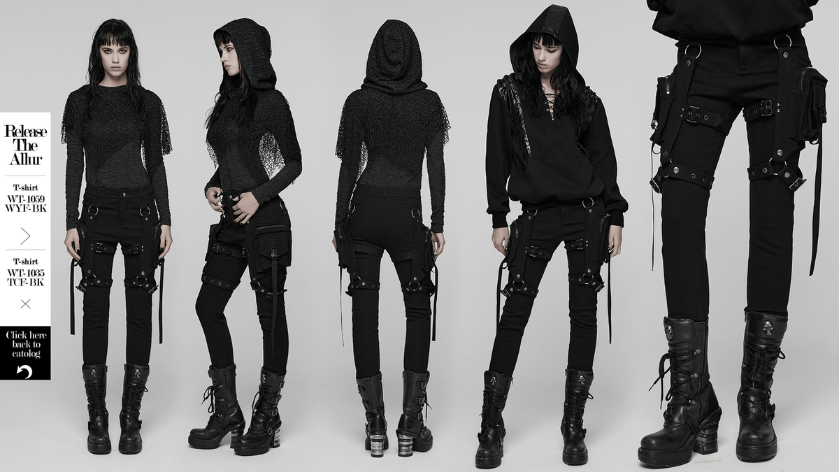 Stylish Gothic Black Twill Pants with Detachable Pockets