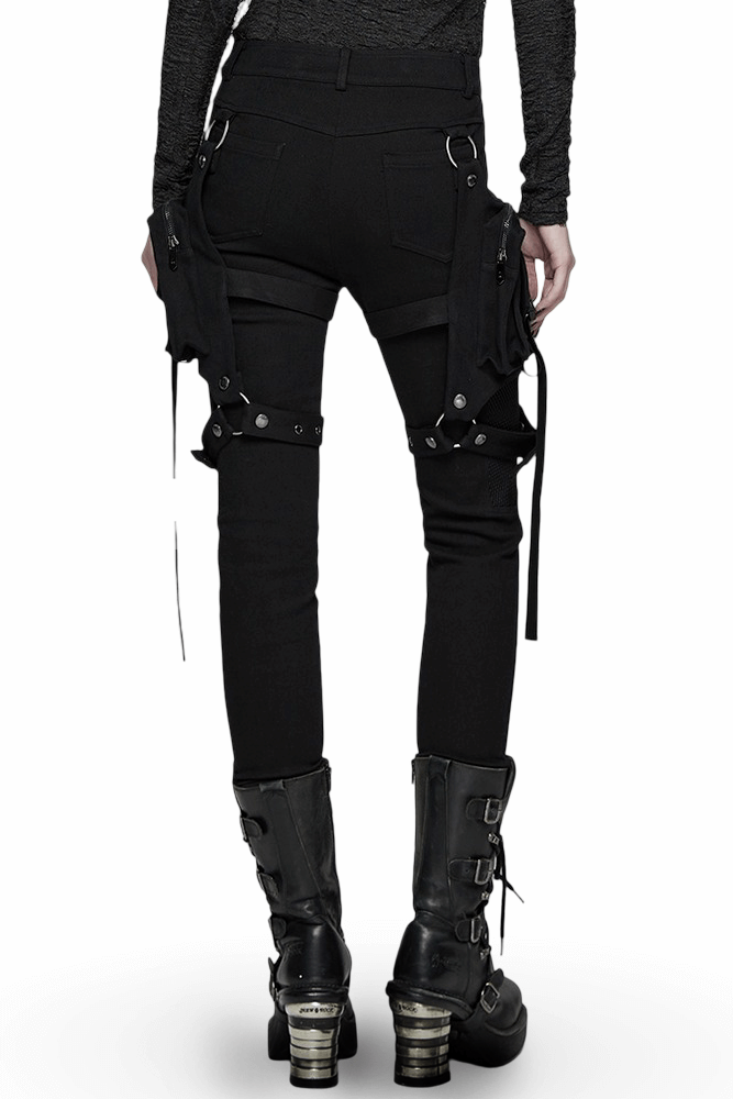 Stylish Gothic Black Twill Pants with Detachable Pockets