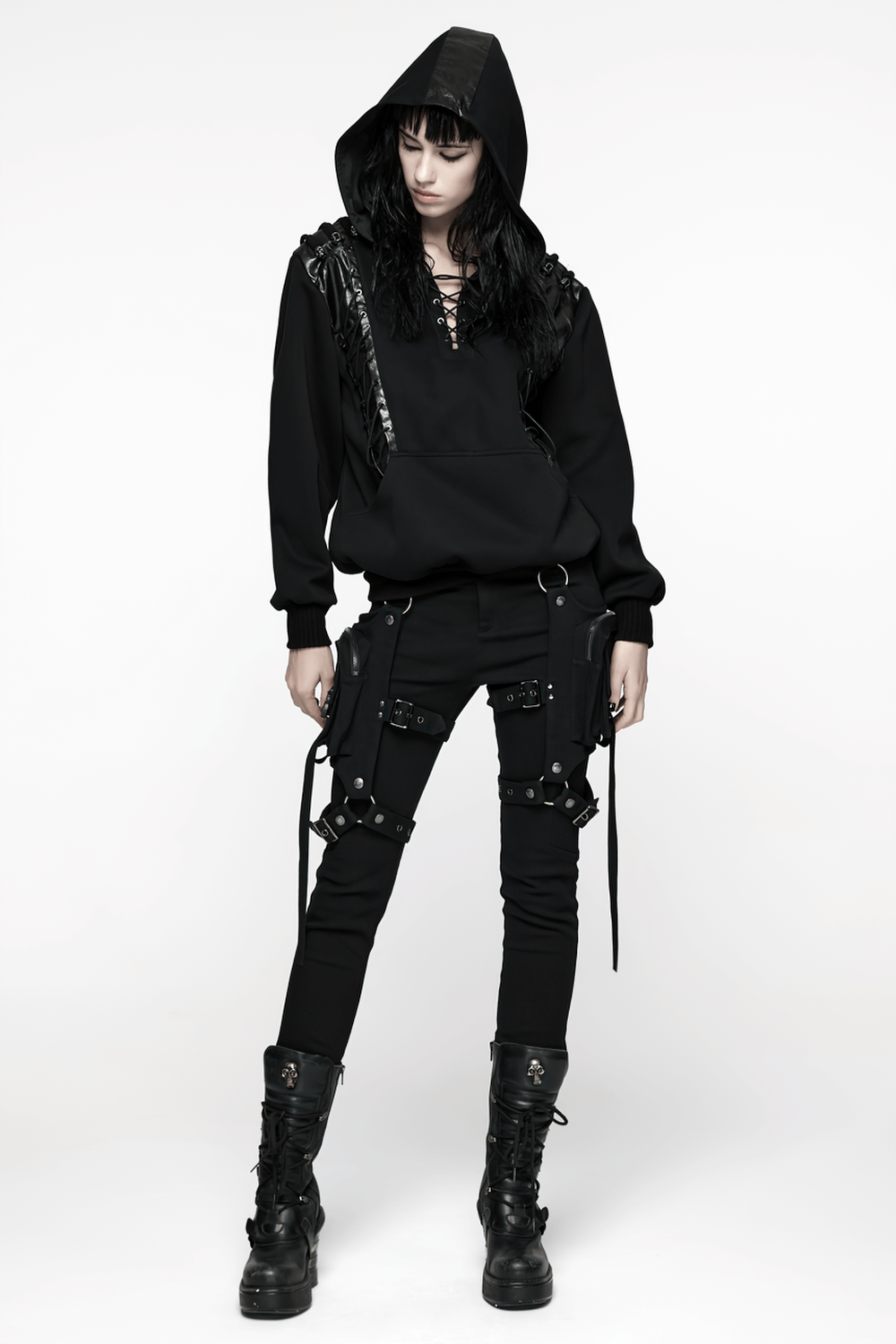 Stylish Gothic Black Twill Pants with Detachable Pockets