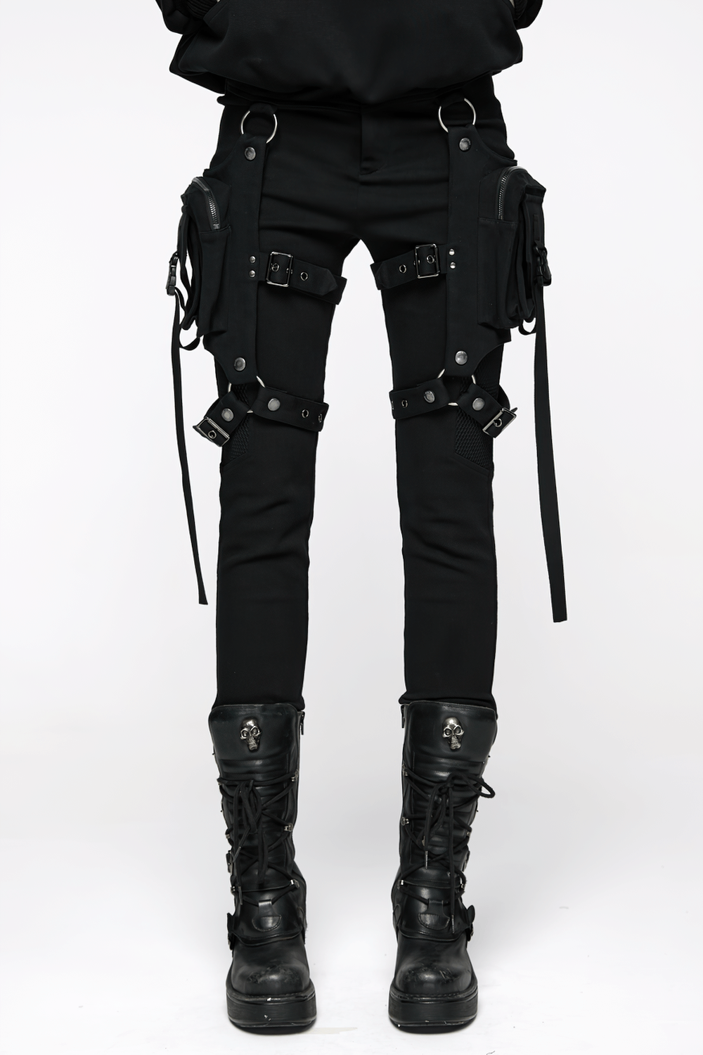 Stylish Gothic Black Twill Pants with Detachable Pockets
