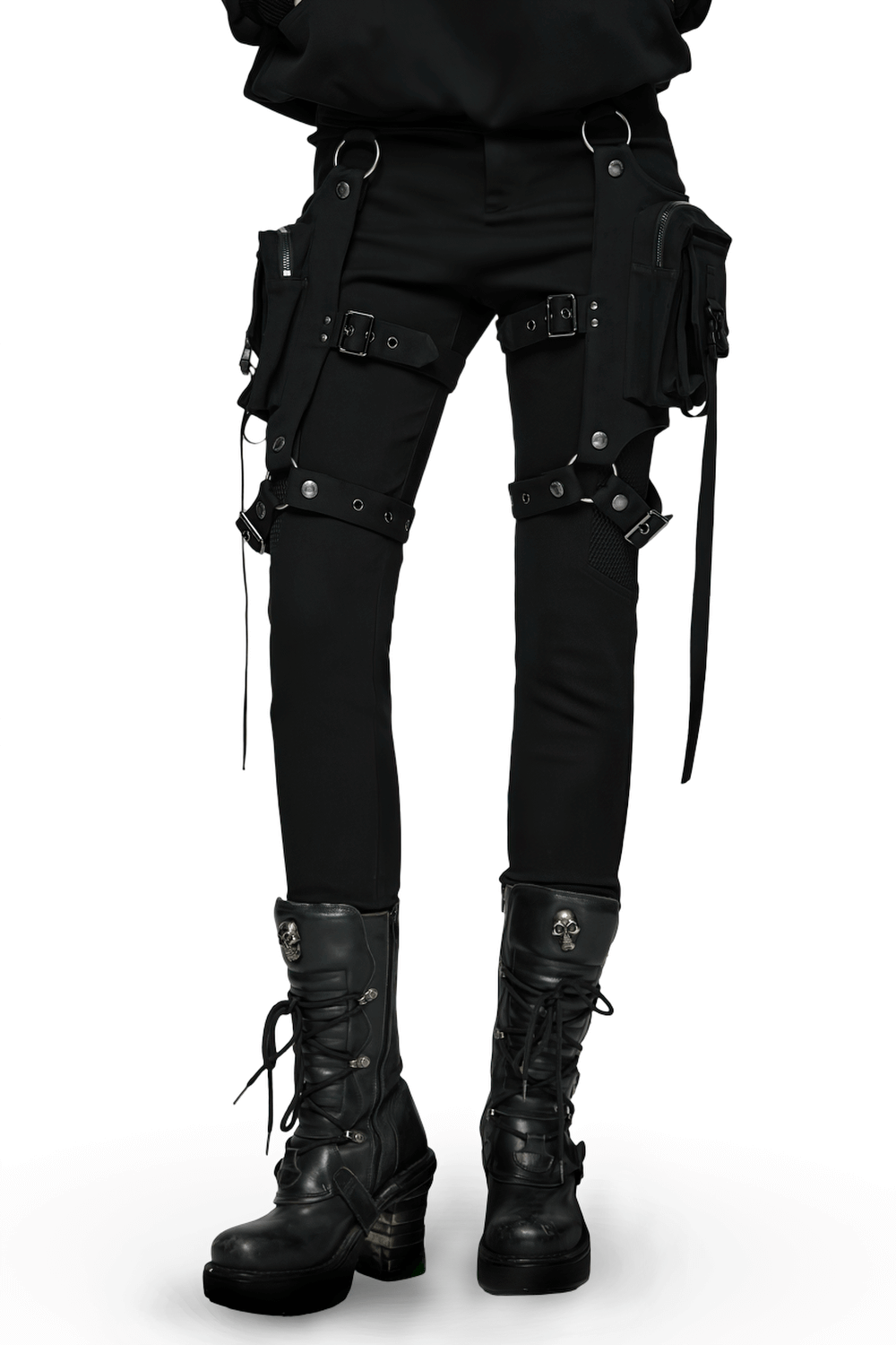 Stylish Gothic Black Twill Pants with Detachable Pockets