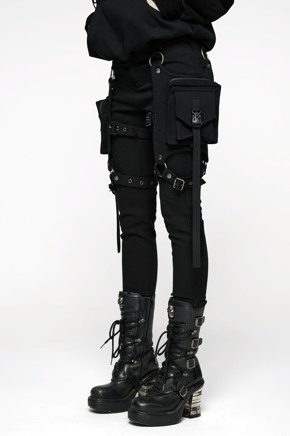 Stylish Gothic Black Twill Pants with Detachable Pockets