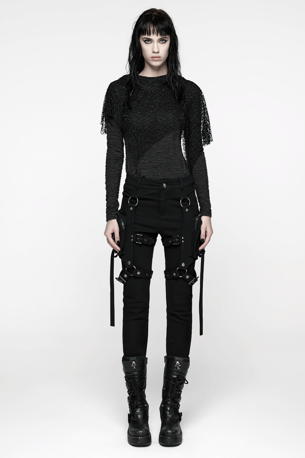 Stylish Gothic Black Twill Pants with Detachable Pockets