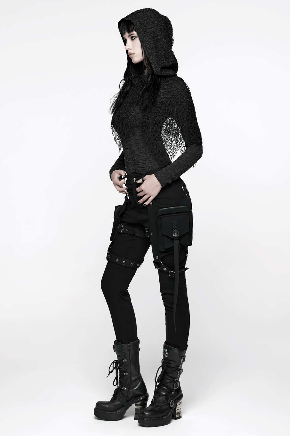 Stylish Gothic Black Twill Pants with Detachable Pockets
