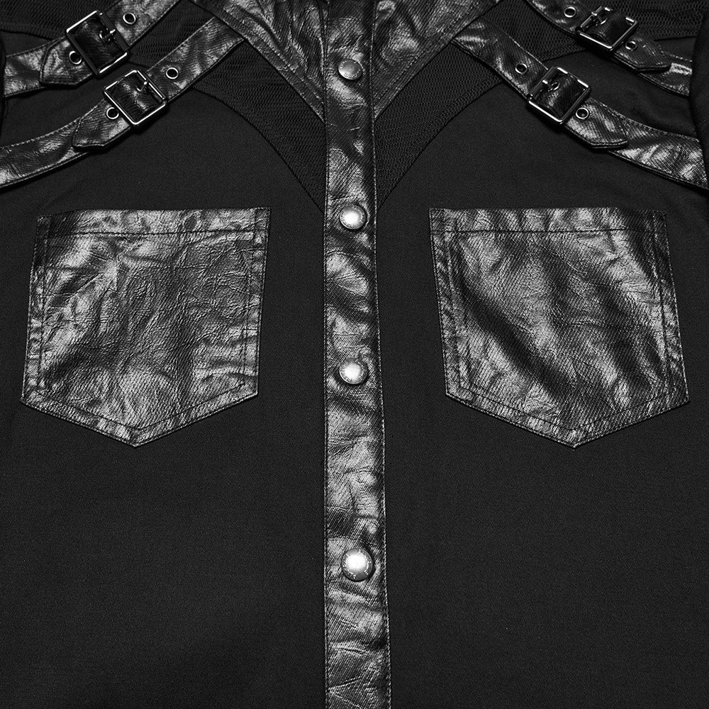 Stylish Gothic Buckled Faux Leather Patch Cyber Shirt