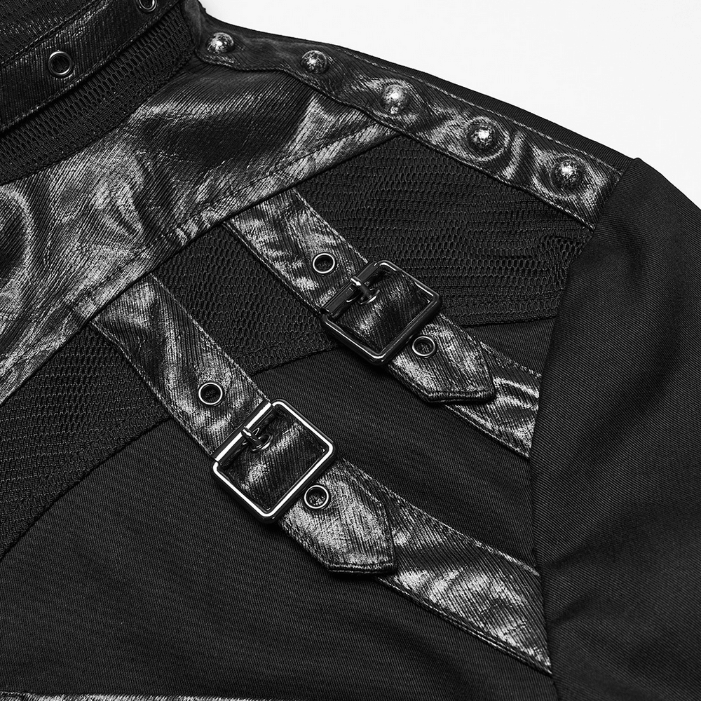 Stylish Gothic Buckled Faux Leather Patch Cyber Shirt