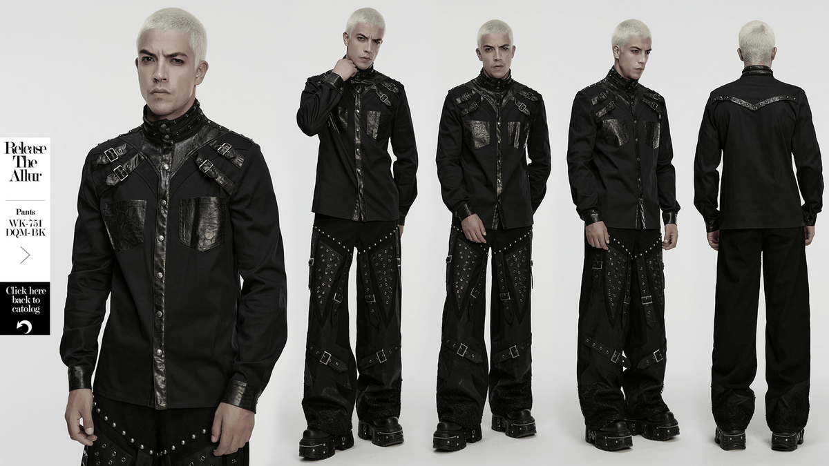 Stylish Gothic Buckled Faux Leather Patch Cyber Shirt