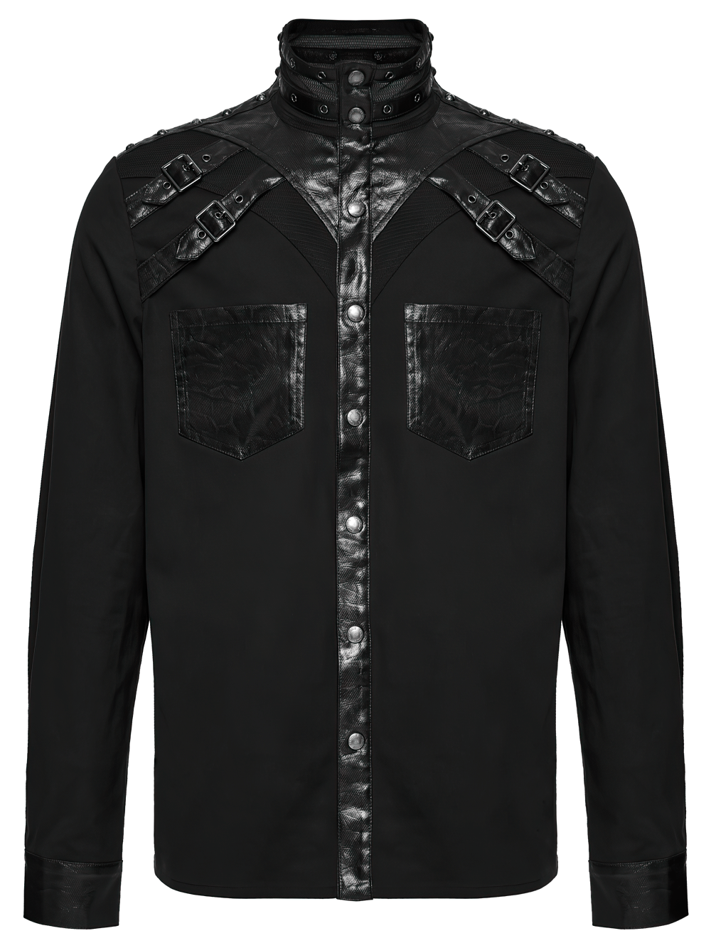 Stylish Gothic Buckled Faux Leather Patch Cyber Shirt
