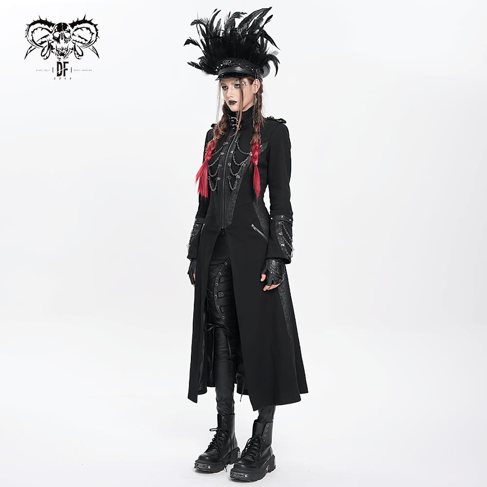Stylish Gothic Long Coat with Chains and High Collar