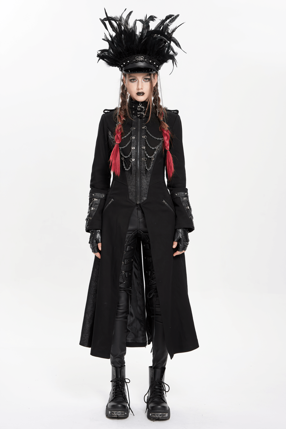 Stylish Gothic Long Coat with Chains and High Collar