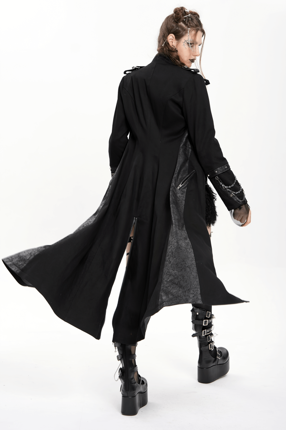 Stylish Gothic Long Coat with Chains and High Collar