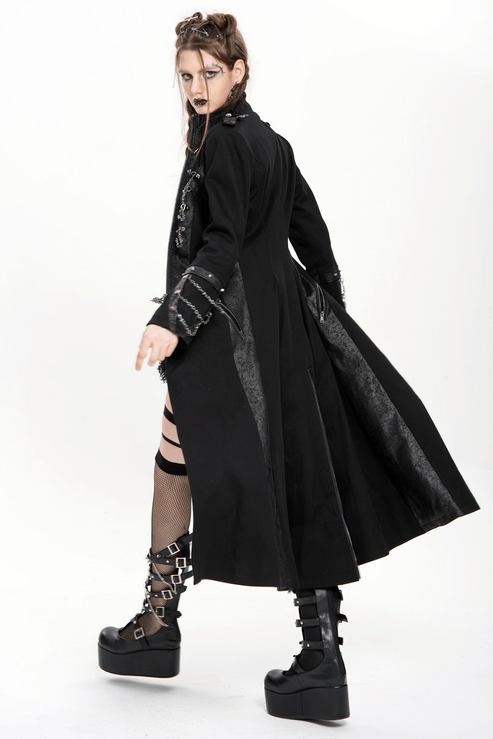 Stylish Gothic Long Coat with Chains and High Collar