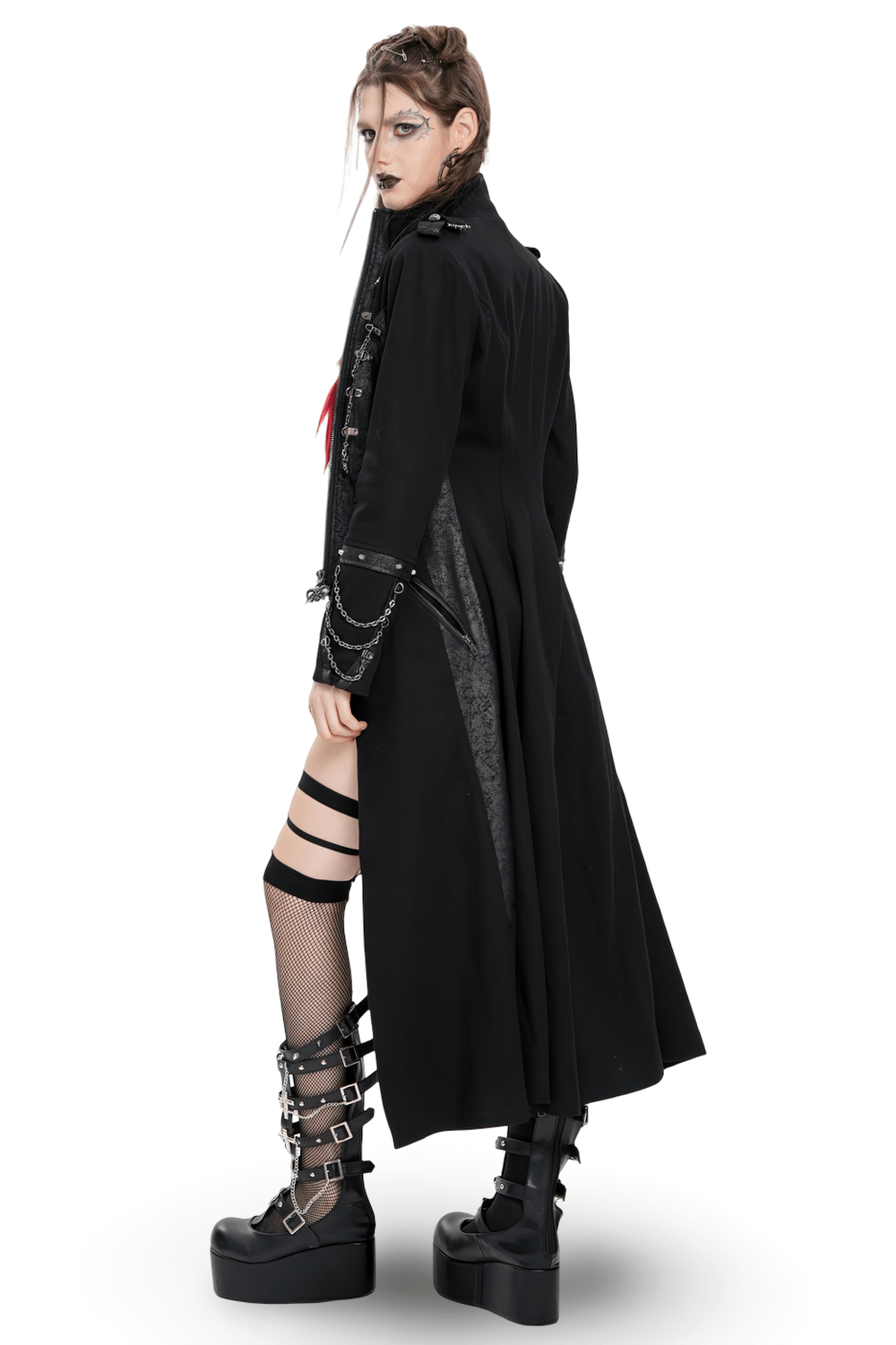 Stylish Gothic Long Coat with Chains and High Collar