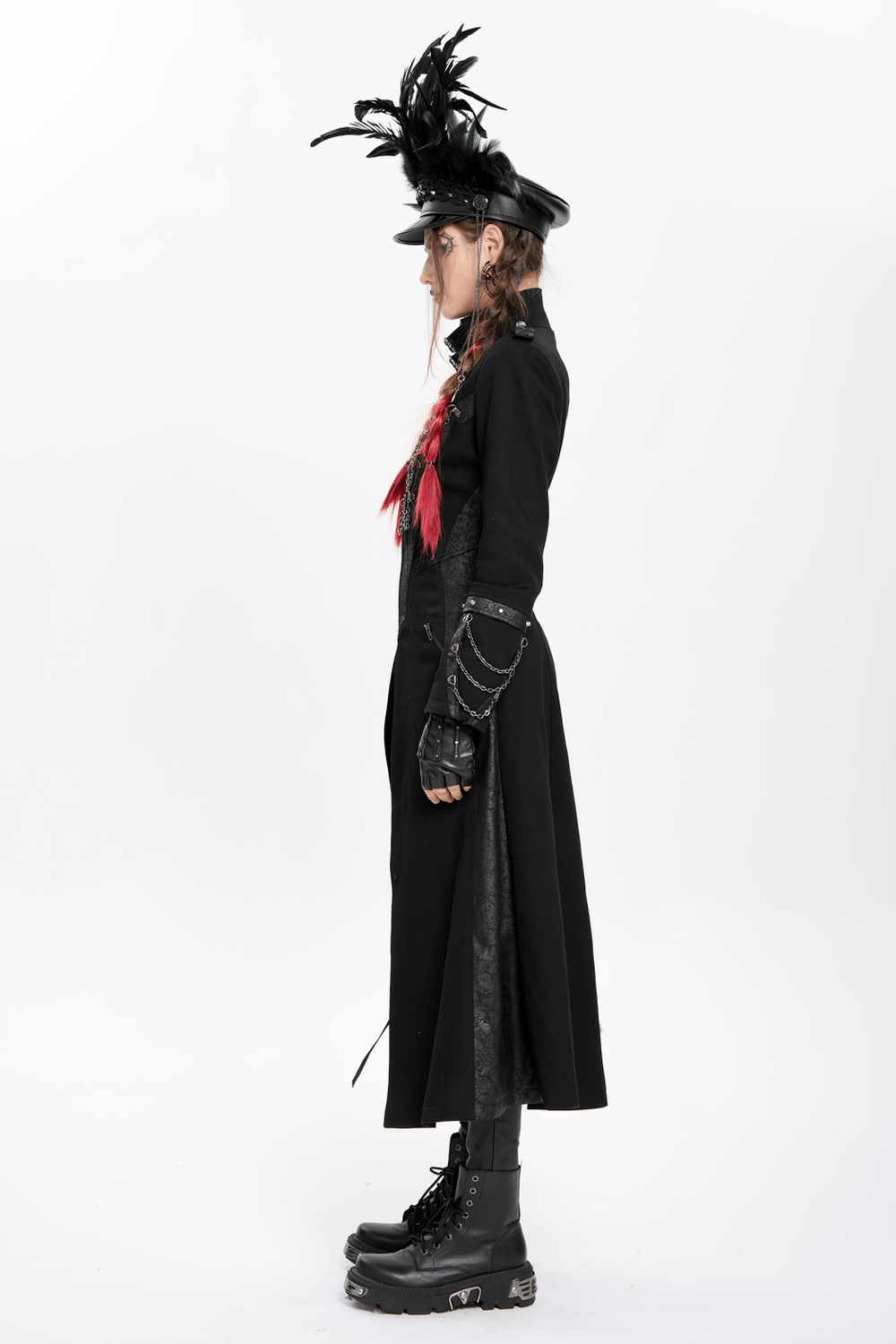 Stylish Gothic Long Coat with Chains and High Collar
