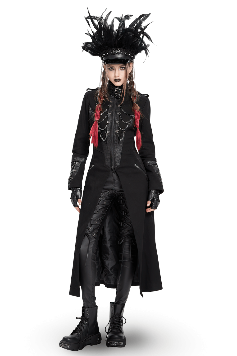 Stylish Gothic Long Coat with Chains and High Collar