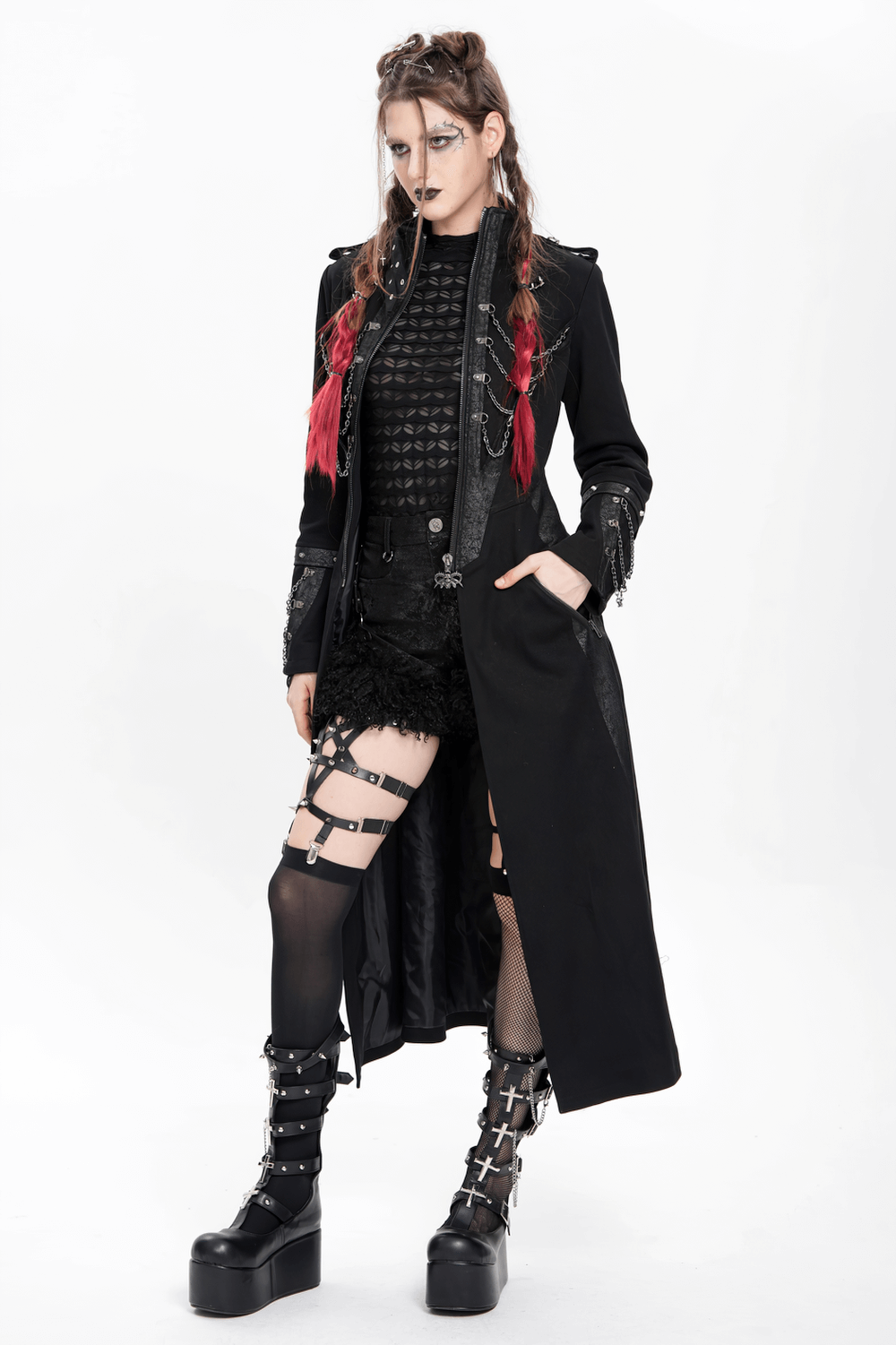Stylish Gothic Long Coat with Chains and High Collar
