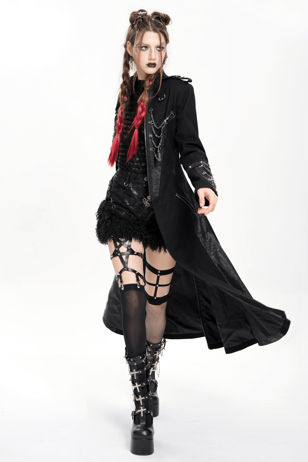 Stylish Gothic Long Coat with Chains and High Collar