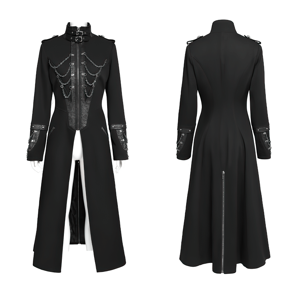 Stylish Gothic Long Coat with Chains and High Collar