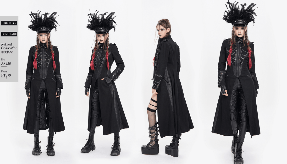 Stylish Gothic Long Coat with Chains and High Collar
