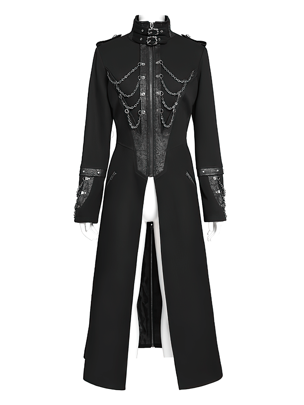 Stylish Gothic Long Coat with Chains and High Collar