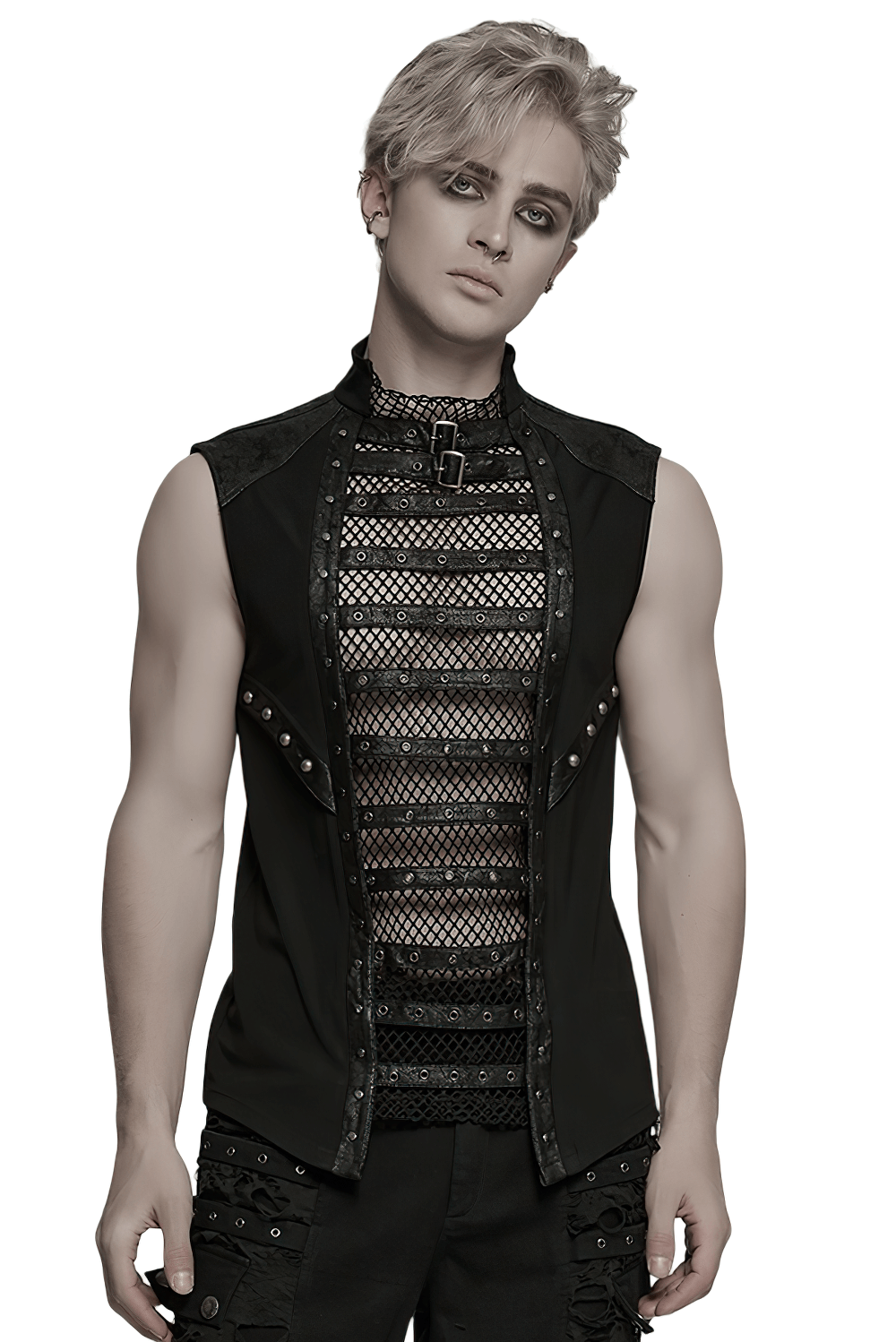 Stylish Gothic Mesh Vest with Faux Leather Trim