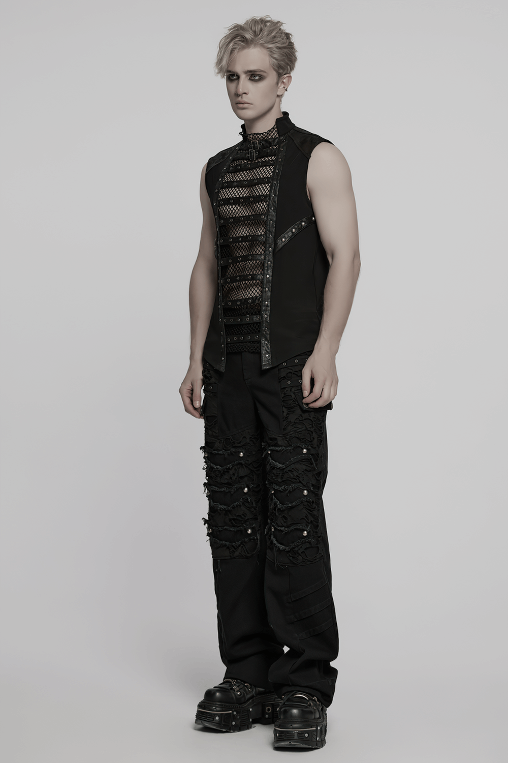Stylish Gothic Mesh Vest with Faux Leather Trim