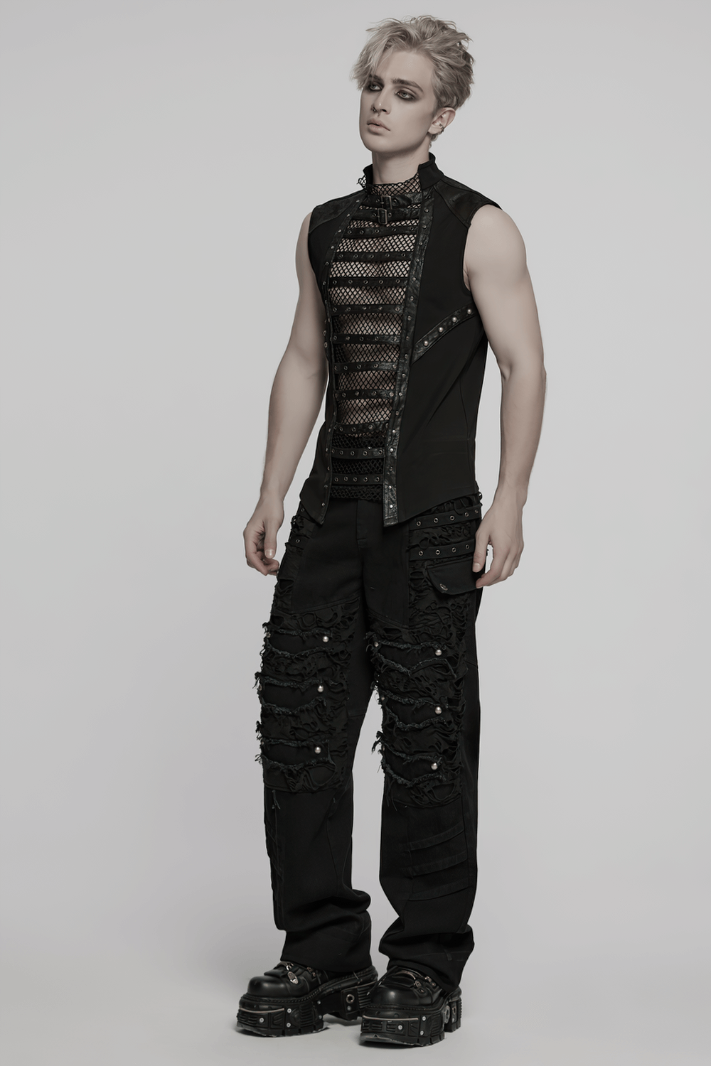 Stylish Gothic Mesh Vest with Faux Leather Trim