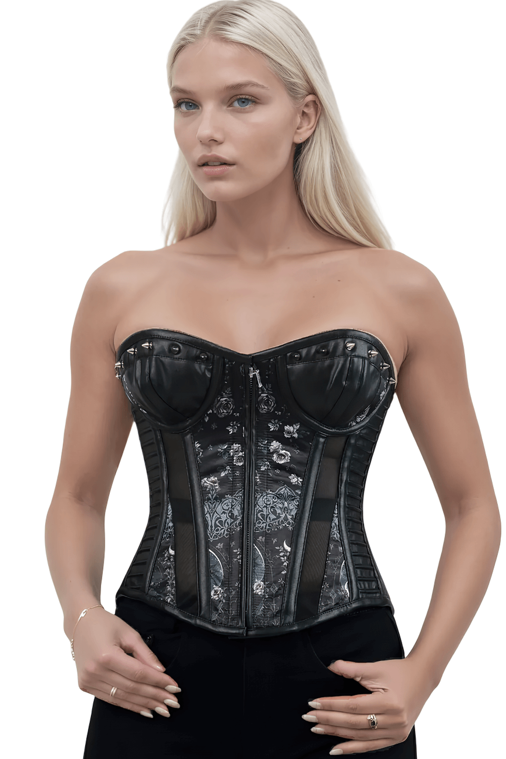 Stylish Gothic Overbust Corset with Studs and Moon Print