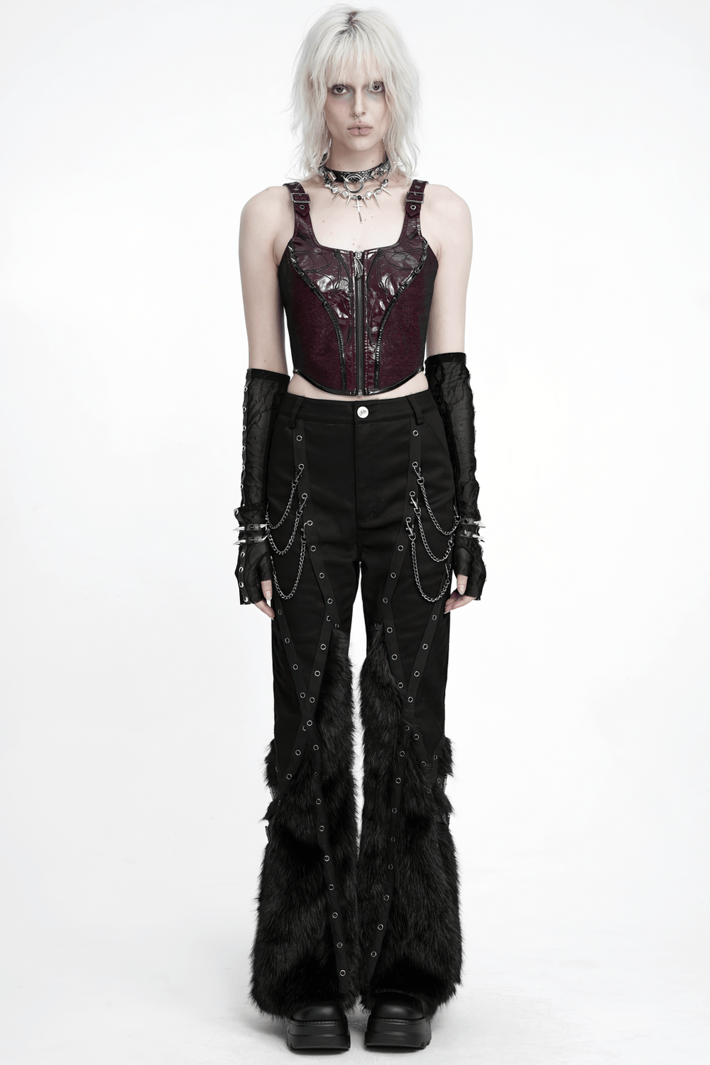 Stylish Punk Faux Fur Flared Pants with Side Chains