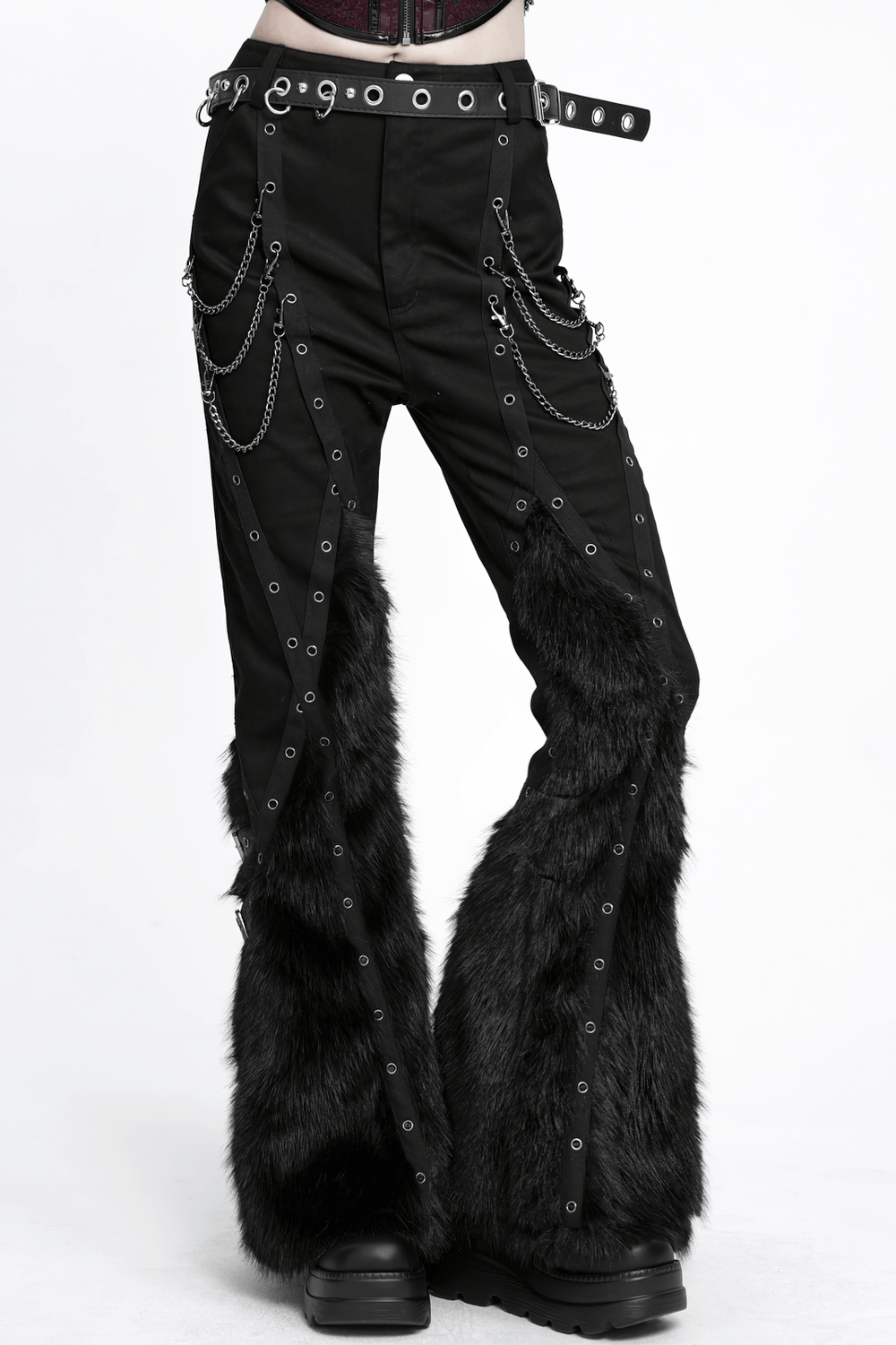 Stylish Punk Faux Fur Flared Pants with Side Chains