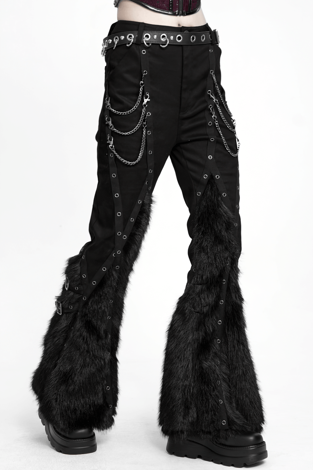 Stylish Punk Faux Fur Flared Pants with Side Chains