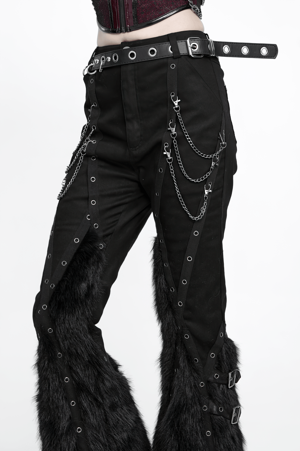 Stylish Punk Faux Fur Flared Pants with Side Chains