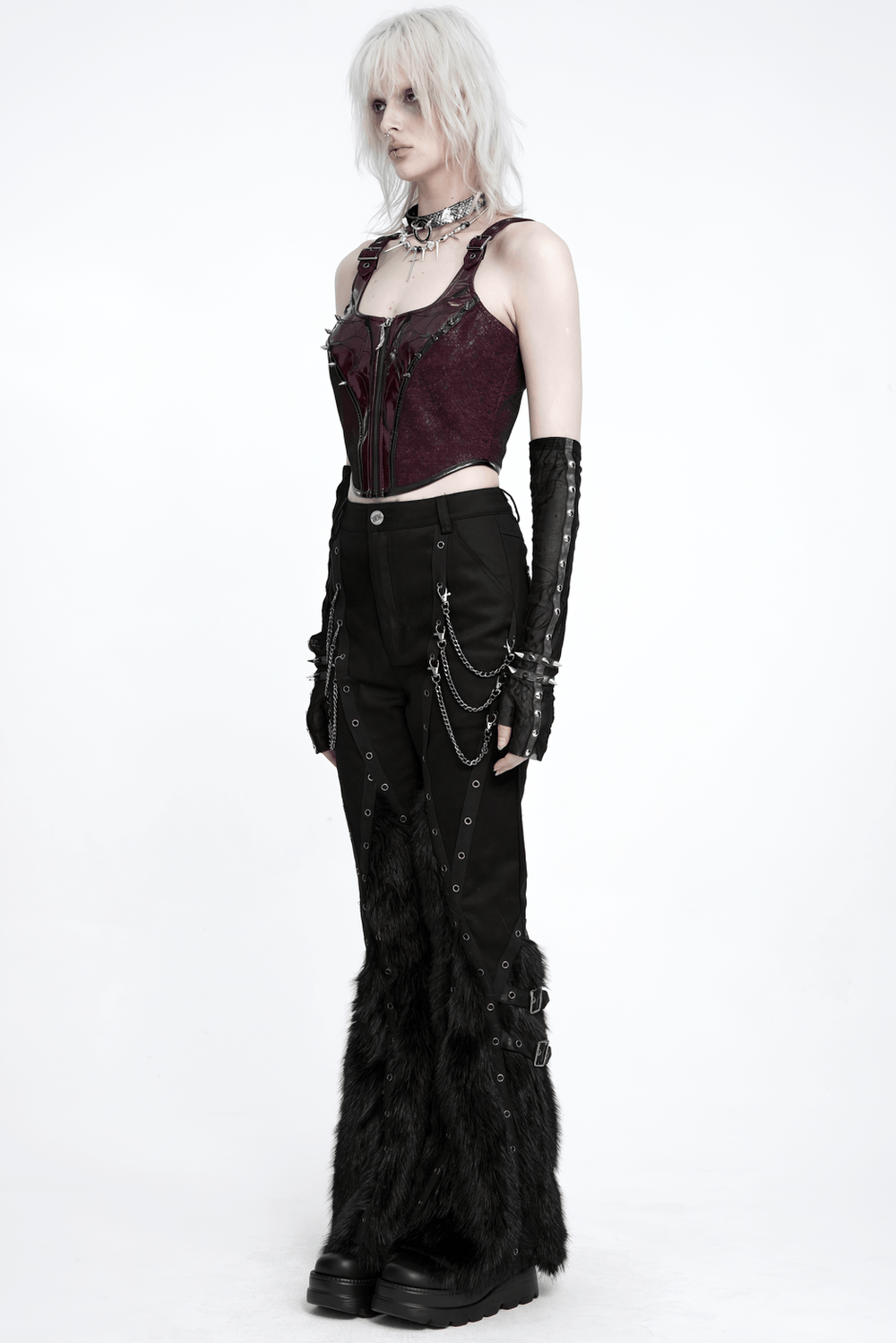 Stylish Punk Faux Fur Flared Pants with Side Chains