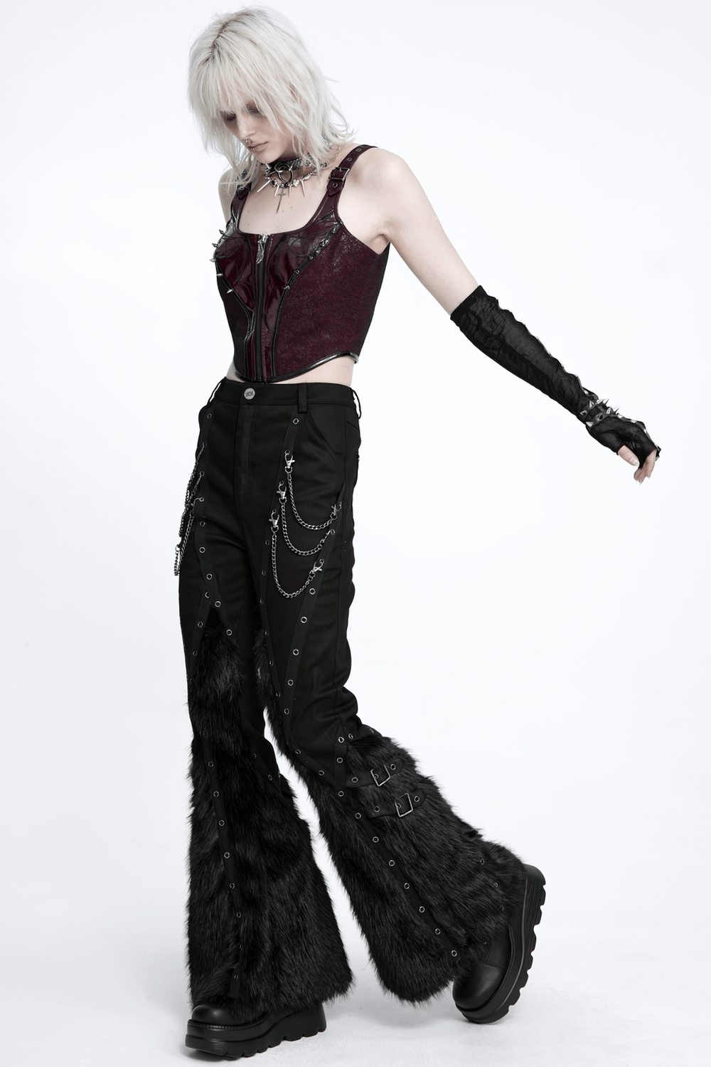 Stylish Punk Faux Fur Flared Pants with Side Chains