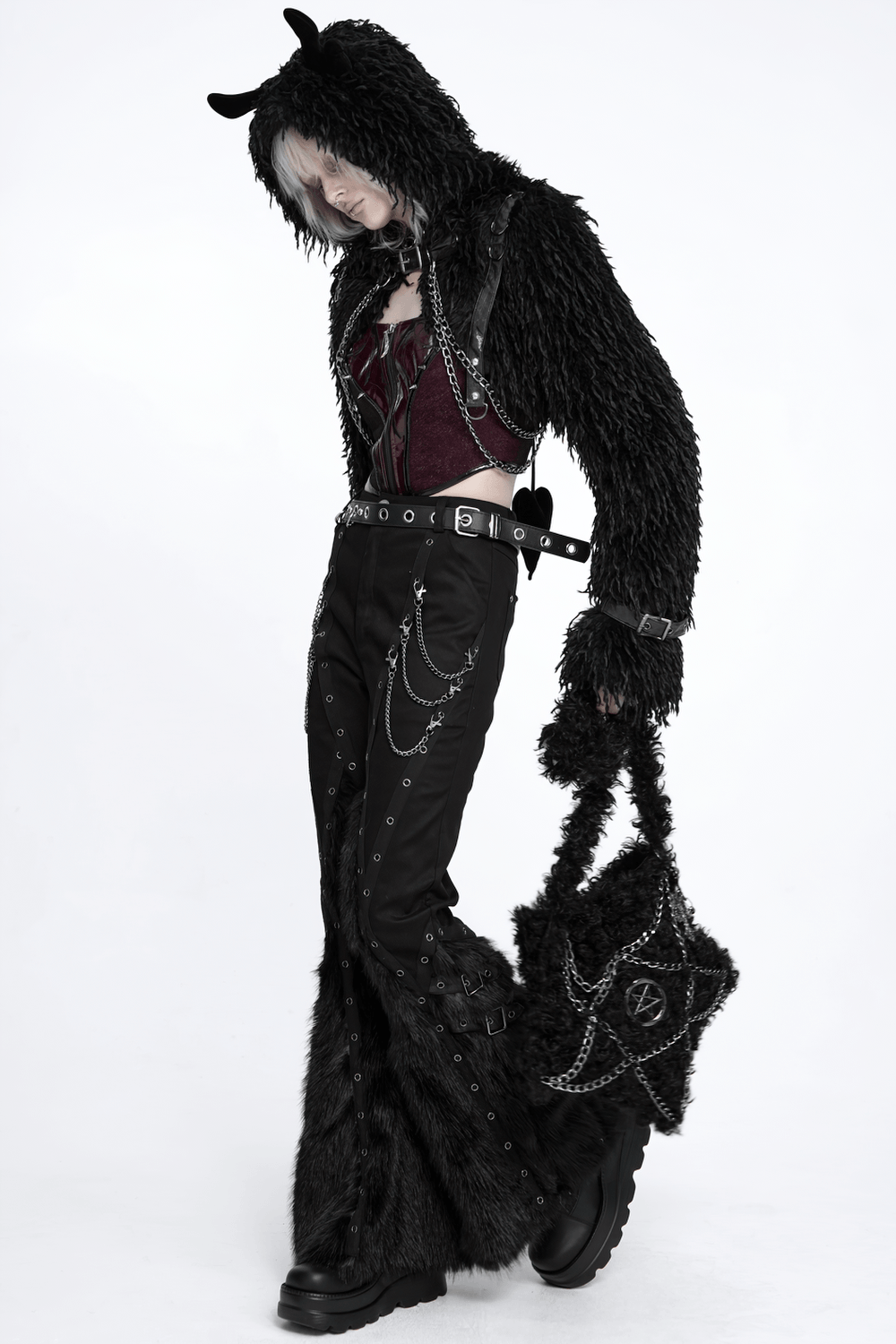 Stylish Punk Faux Fur Flared Pants with Side Chains