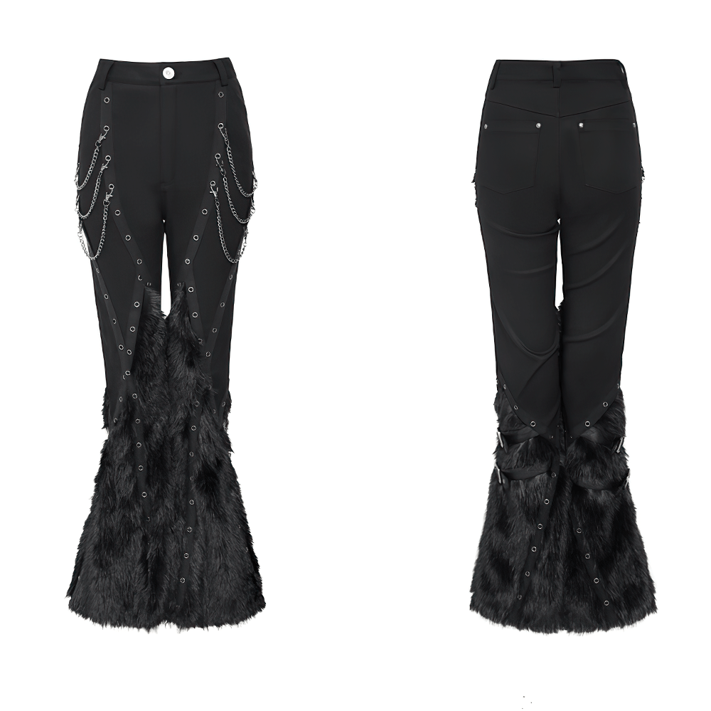 Stylish Punk Faux Fur Flared Pants with Side Chains