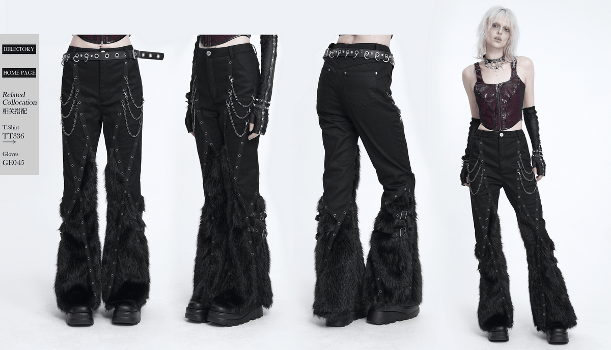 Stylish Punk Faux Fur Flared Pants with Side Chains