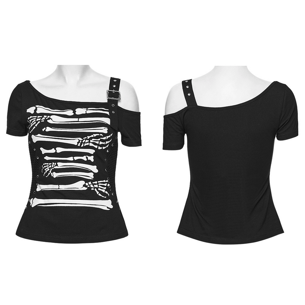 Stylish Skeleton Print T-Shirt with Studded Strap Detail