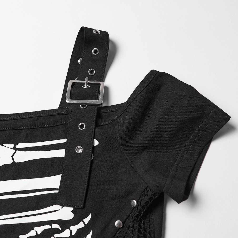 Stylish Skeleton Print T-Shirt with Studded Strap Detail