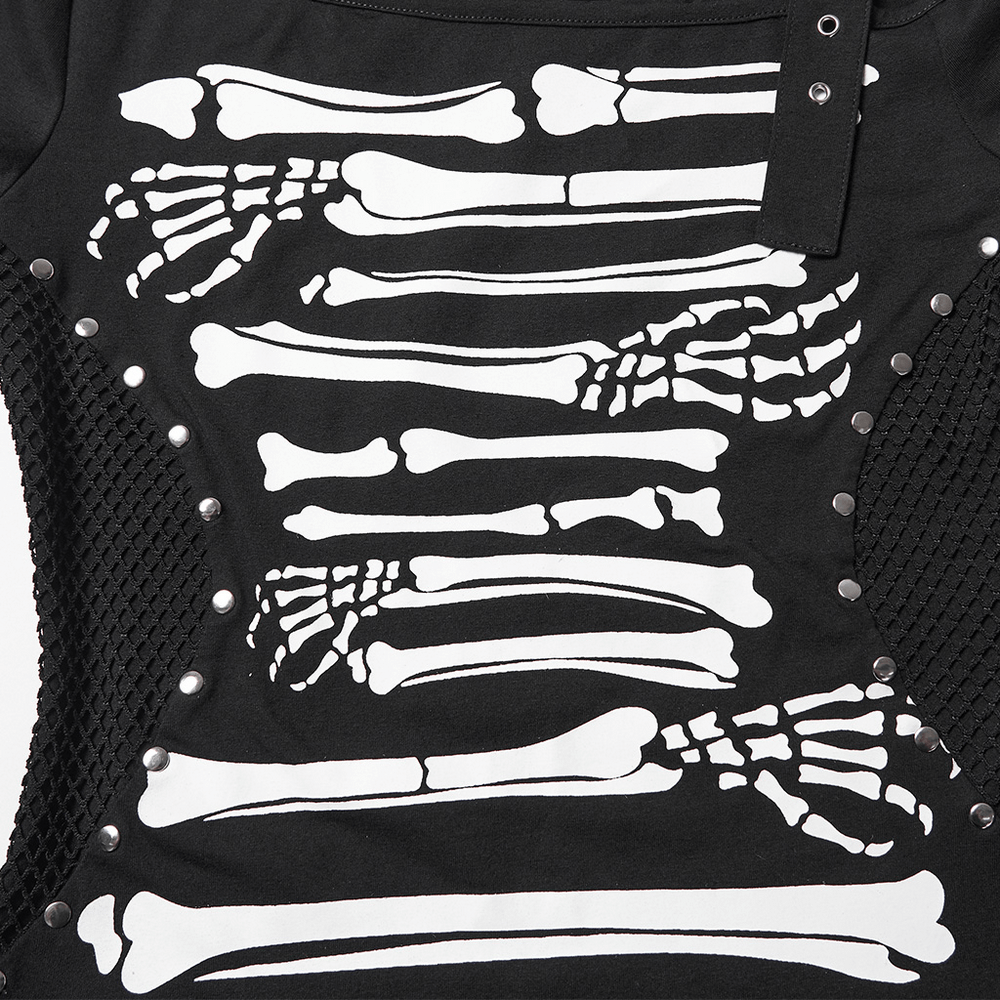 Stylish Skeleton Print T-Shirt with Studded Strap Detail