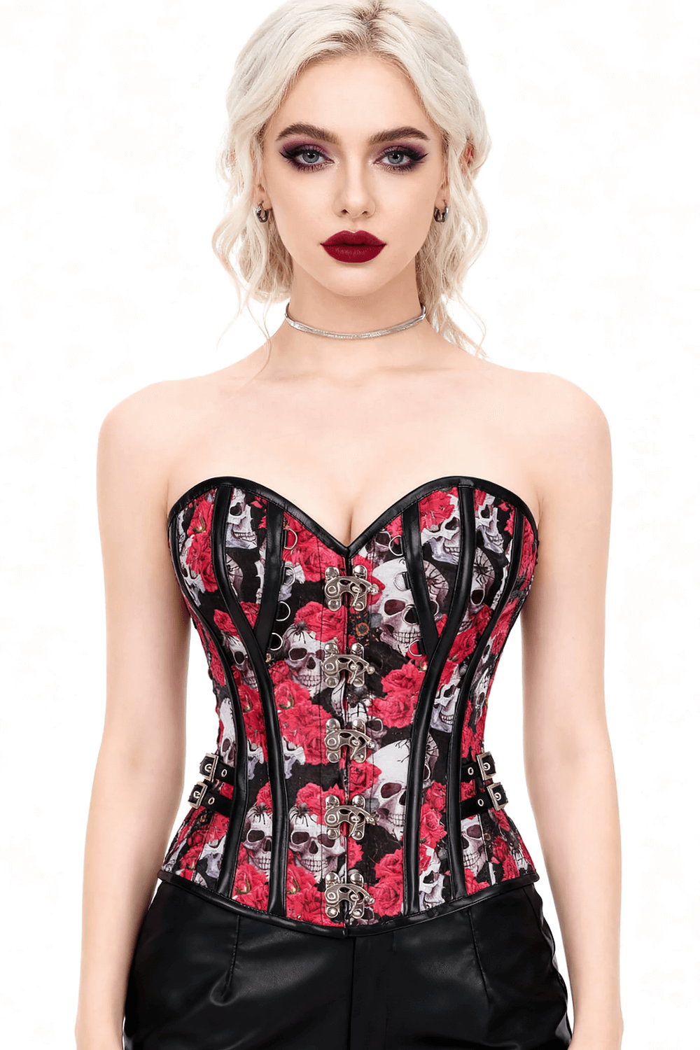 Stylish Skull and Red Rose Steampunk Overbust Corset