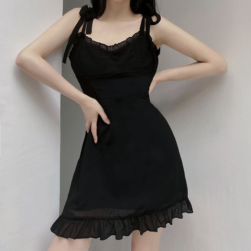 Sweet Black Summer Mini Dresses in Gothic Fashion / Backless Women Sexy Mesh Wrap Sundress