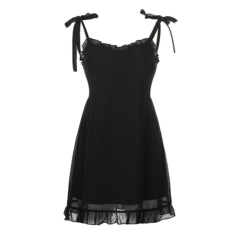 Sweet Black Summer Mini Dresses in Gothic Fashion / Backless Women Sexy Mesh Wrap Sundress